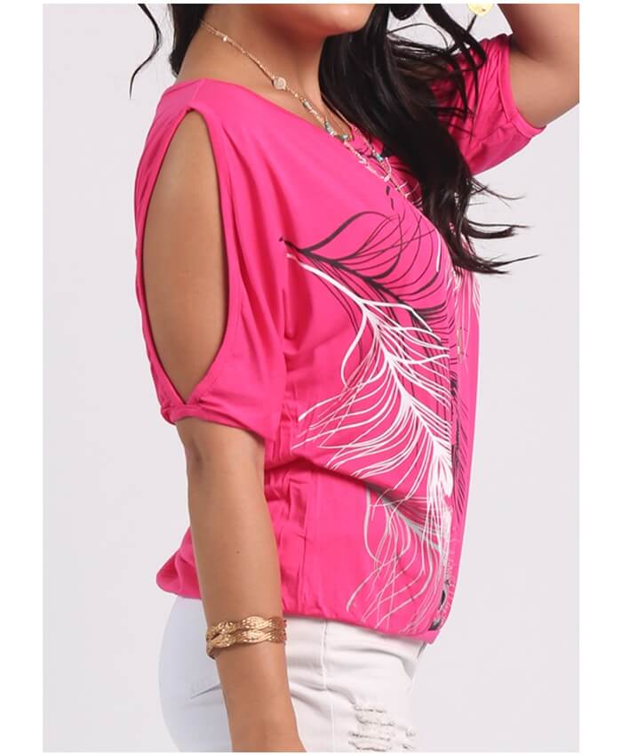 Cold Shoulder Feather Print Watermelon Red T Shirt